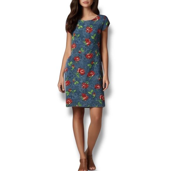 Vintage Escada Size 44 Short Sleeve Midi Dress Blue Rosette Floral Cotttagecore - Picture 1 of 11
